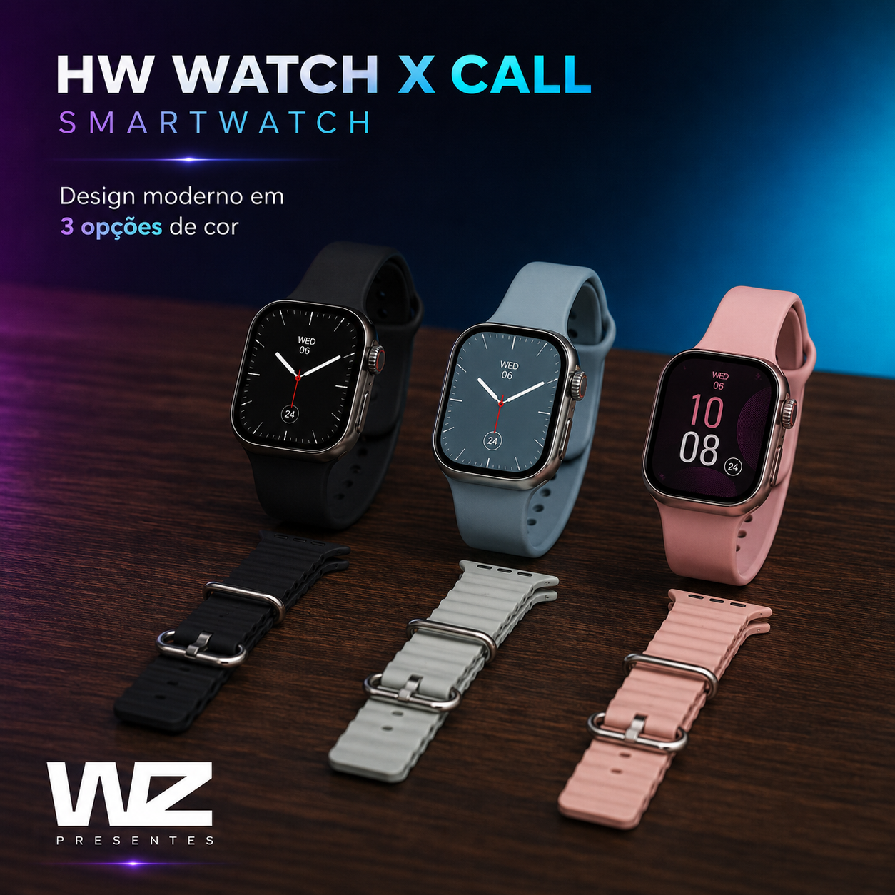 Kit Smartwatch HW Watch X Call com caixa original, três relógios e pulseiras extras