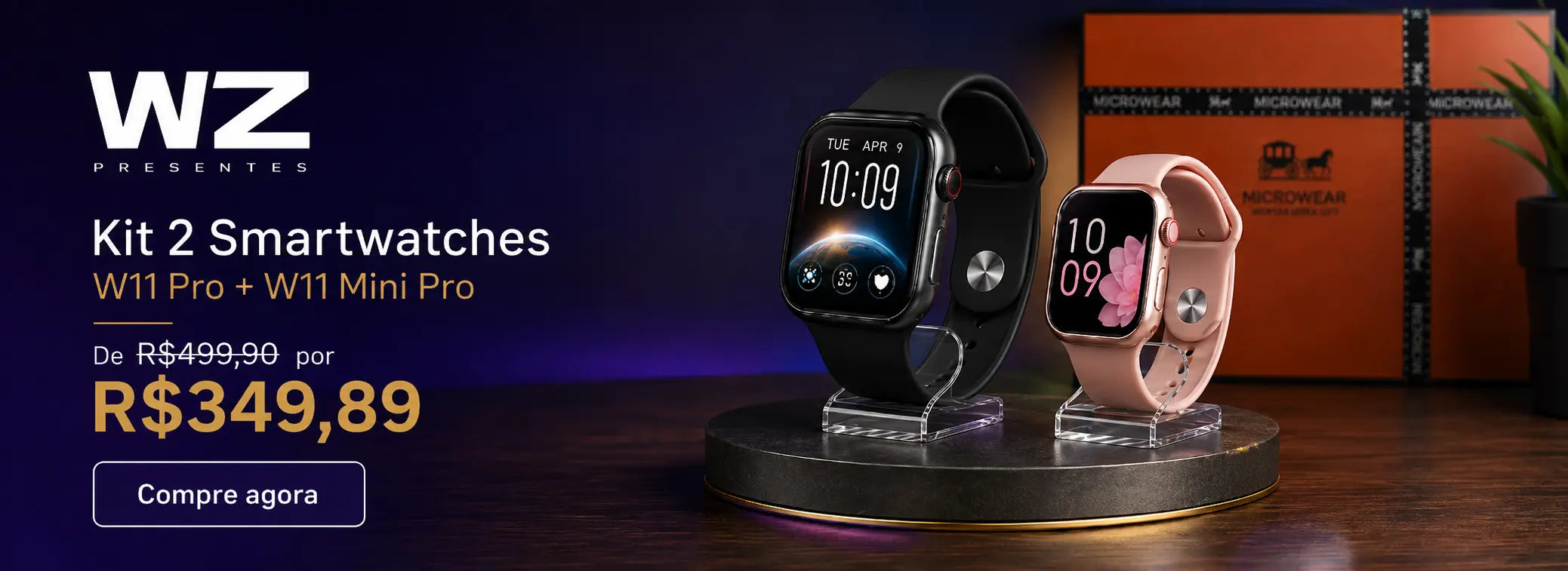 Kit promocional com smartwatch W11 Pro preto e W11 Mini Pro rosa da Microwear por R$ 349,89 na WZ Presentes. slider_item_kN79FY